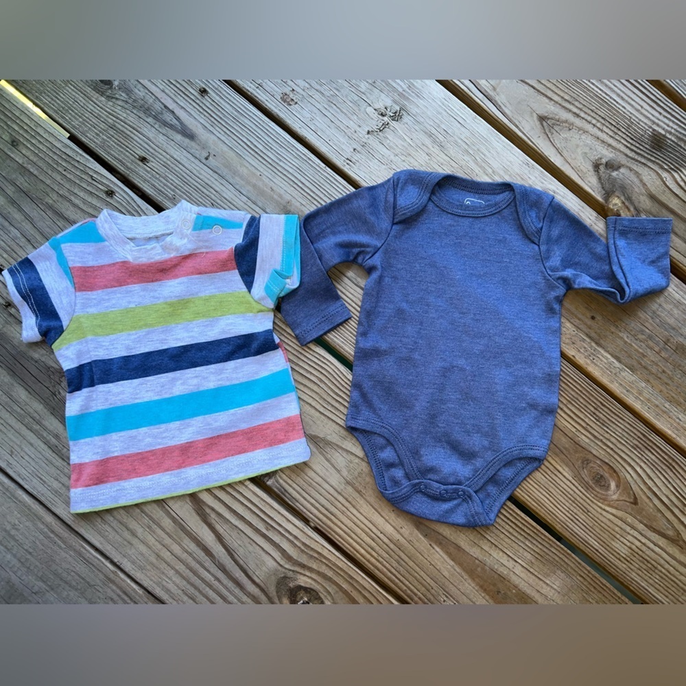 Quiltex Striped Tee shirt and Blue Long Sleeve Onesie Set 3-6M